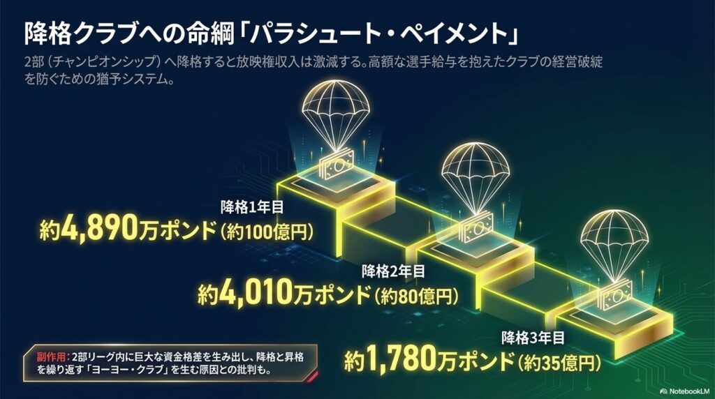 降格1年目で約100億円、2年目で約80億円、3年目で約35億円が支給されるパラシュート・ペイメントの金額推移