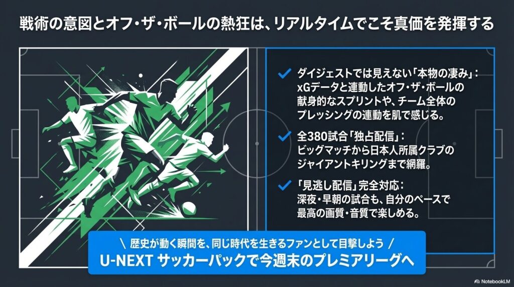 U-NEXTサッカーパックが提供する全380試合独占配信や見逃し配信の魅力と、リアルタイム観戦で本物の凄みを味わうメリット