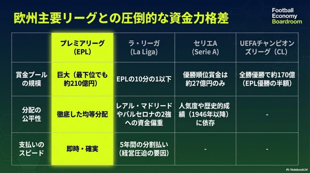 プレミアリーグとラ・リーガ、セリエA、UEFAチャンピオンズリーグにおける賞金プール規模や分配の公平性、支払いスピードの比較表