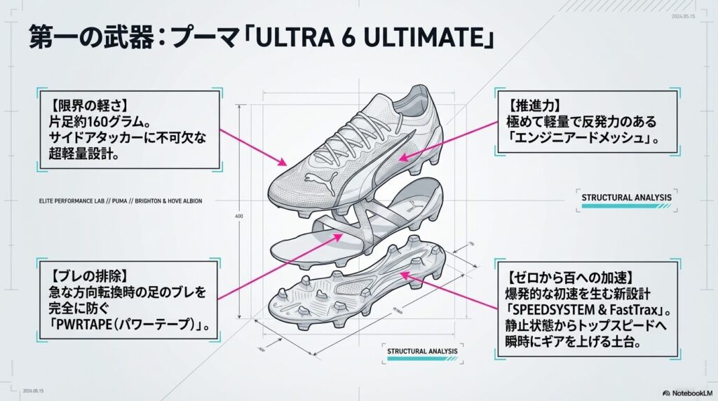片足約160gの超軽量設計、エンジニアードメッシュ、パワーテープ、新設計アウトソールを備えたウルトラ6の構造解析