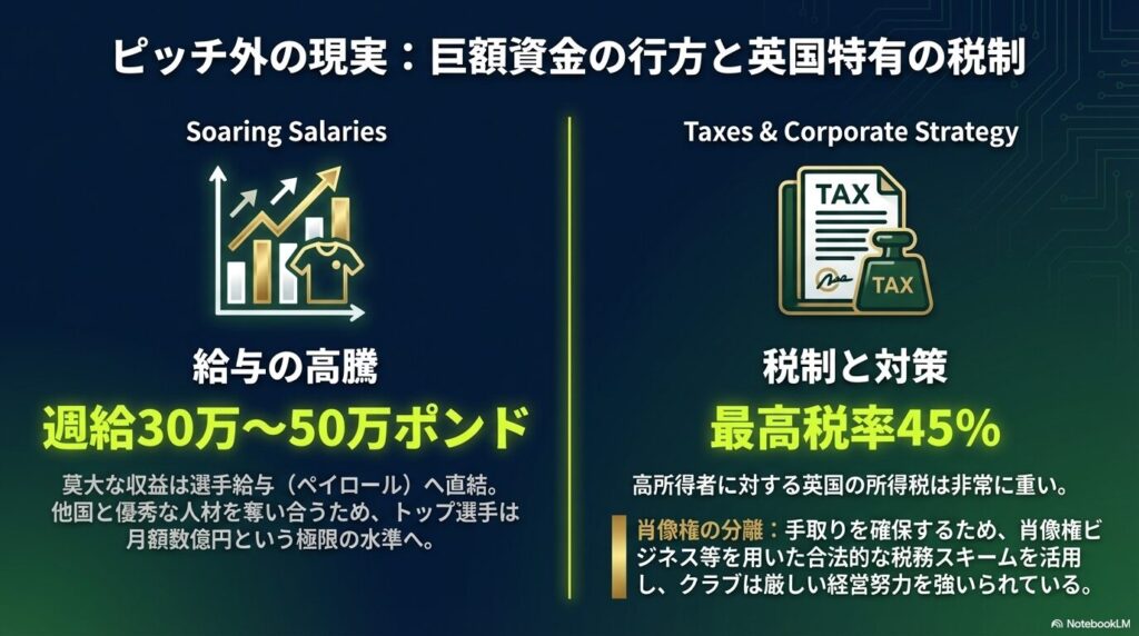 週給30万から50万ポンドに達する給与の高騰と、最高税率45%の英国税制に対する肖像権ビジネスなどのクラブの経営努力
