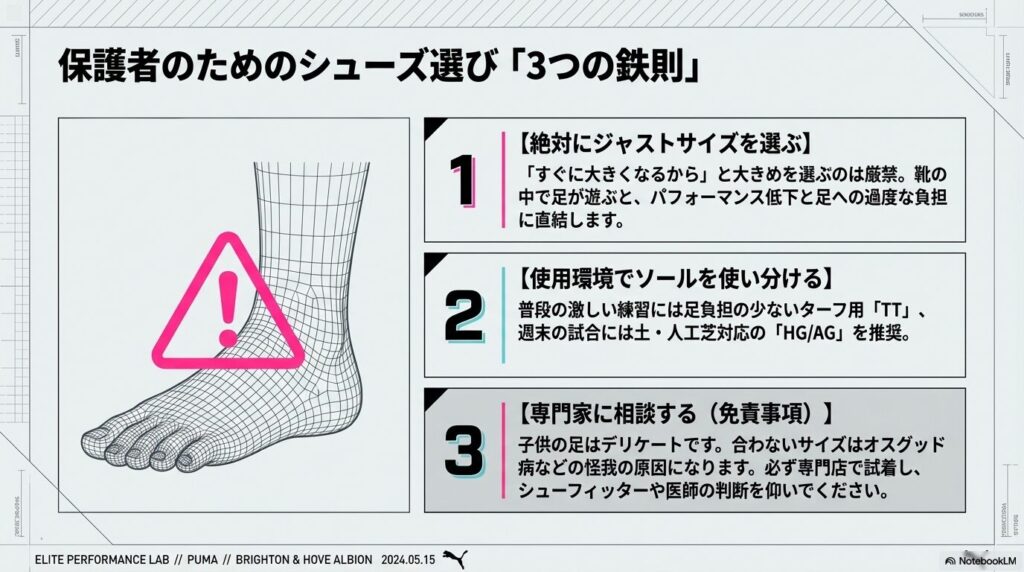 子供のシューズ選びにおいて絶対にジャストサイズを選ぶこと、使用環境でのソールの使い分け、専門家への相談を促す注意喚起