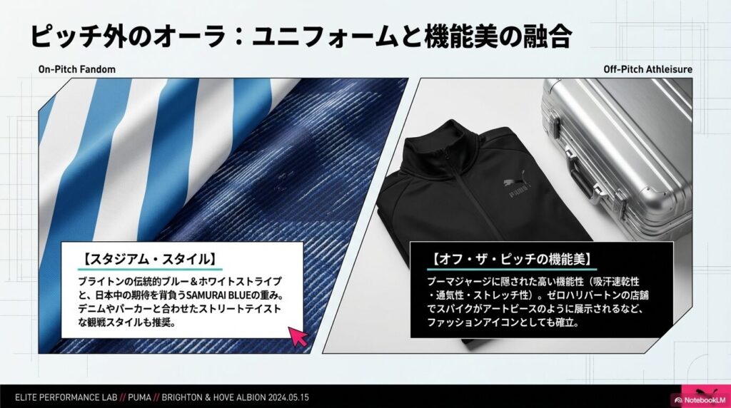 ブライトンや日本代表のユニフォームを合わせたスタジアムスタイルと、プーマジャージを活用したオフザピッチの機能美の解説