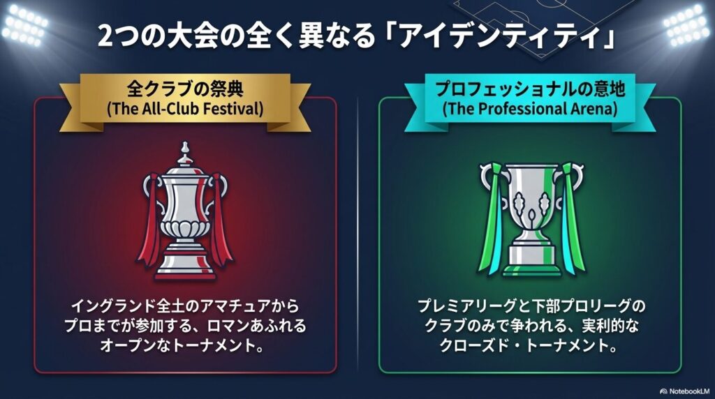 全クラブの祭典であるFAカップの銀と赤のトロフィーと、プロフェッショナルの意地であるカラバオカップの銀と緑のトロフィーの比較