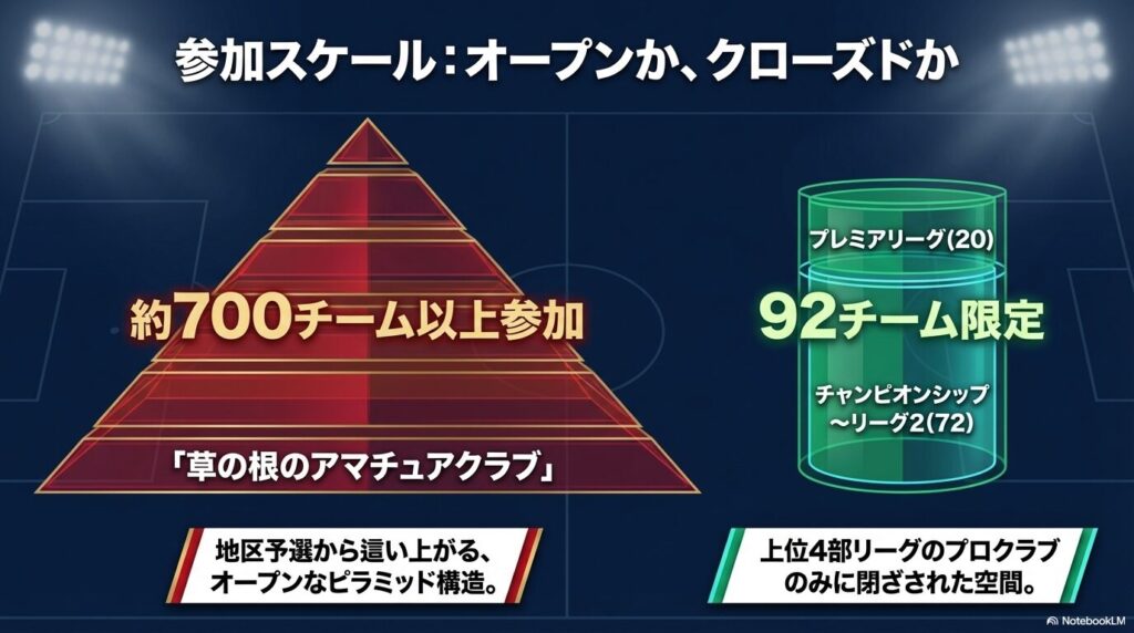 約700チーム以上が参加するオープンなFAカップと、92チーム限定のクローズドなカラバオカップのピラミッド構造比較図