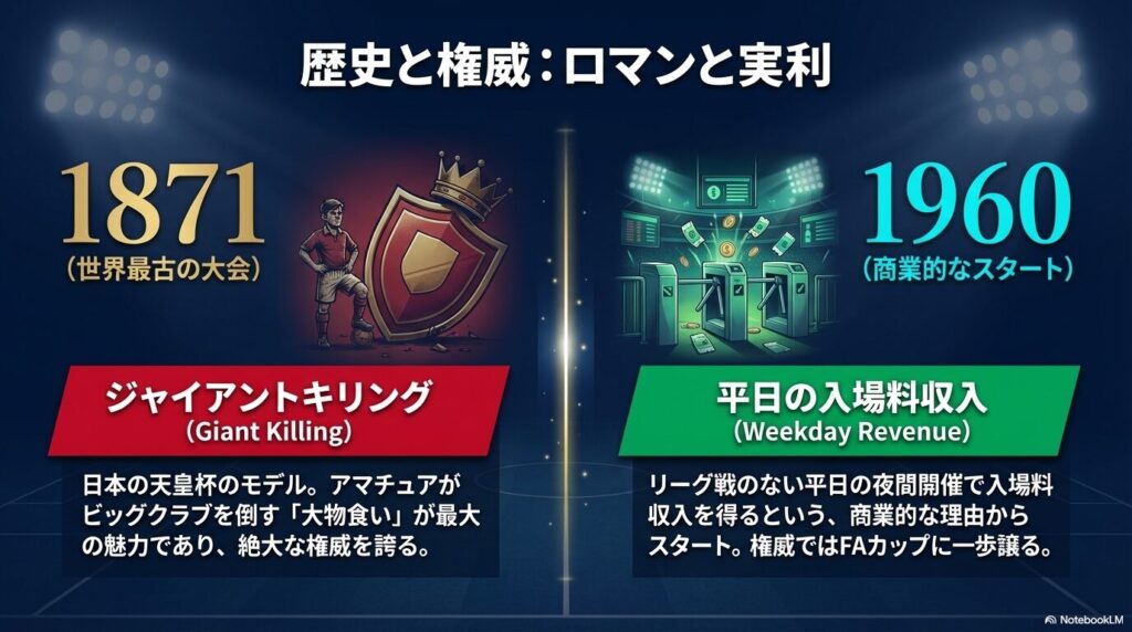 1871年創設でジャイアントキリングが魅力のFAカップと、1960年創設で平日入場料収入を目的としたカラバオカップの権威の比較イラスト