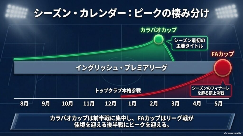 シーズン前半戦にピークを迎えるカラバオカップと、後半戦の5月に頂上決戦を迎えるFAカップのスケジュール図