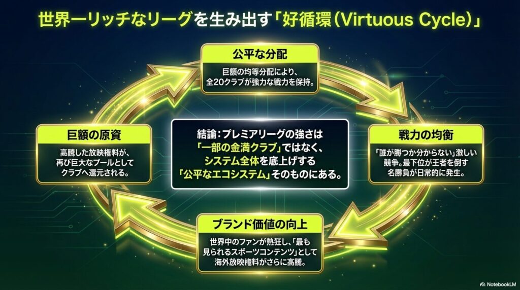 巨額の均等分配から始まり、戦力の均衡、ブランド価値の向上、そして再び巨額の原資へと繋がるプレミアリーグのエコシステム図解