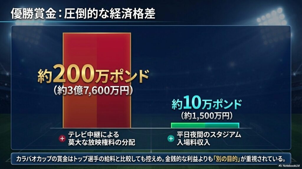 約200万ポンドのFAカップと約10万ポンドのカラバオカップの優勝賞金、および放映権料と入場料収入の違い