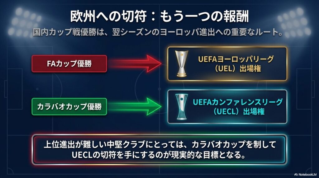 FAカップ優勝でUEFAヨーロッパリーグ（UEL）出場権、カラバオカップ優勝でUEFAカンファレンスリーグ（UECL）出場権が得られることを示す図