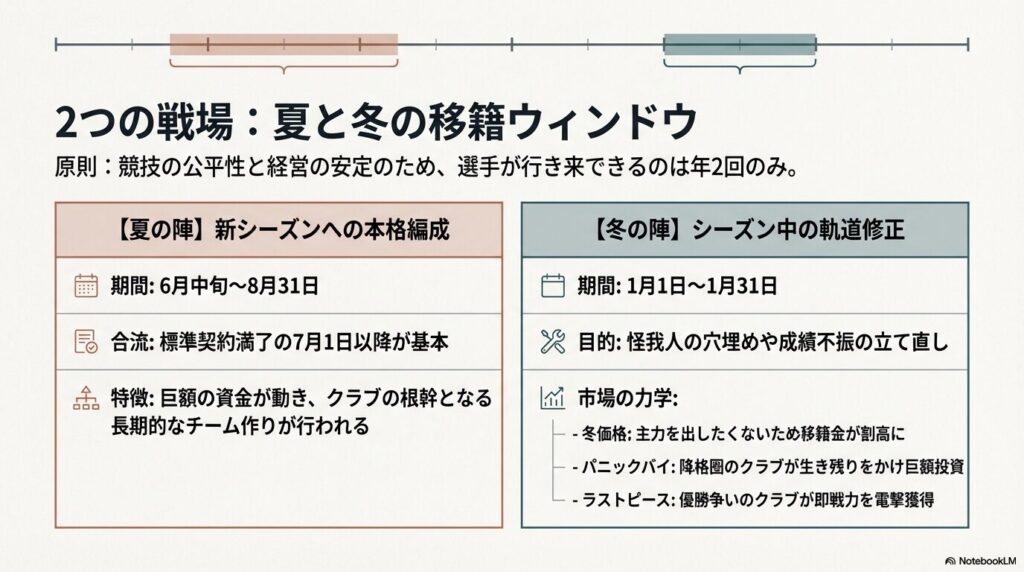 夏の陣と冬の陣におけるプレミアリーグ移籍期間の特徴と目的の比較表