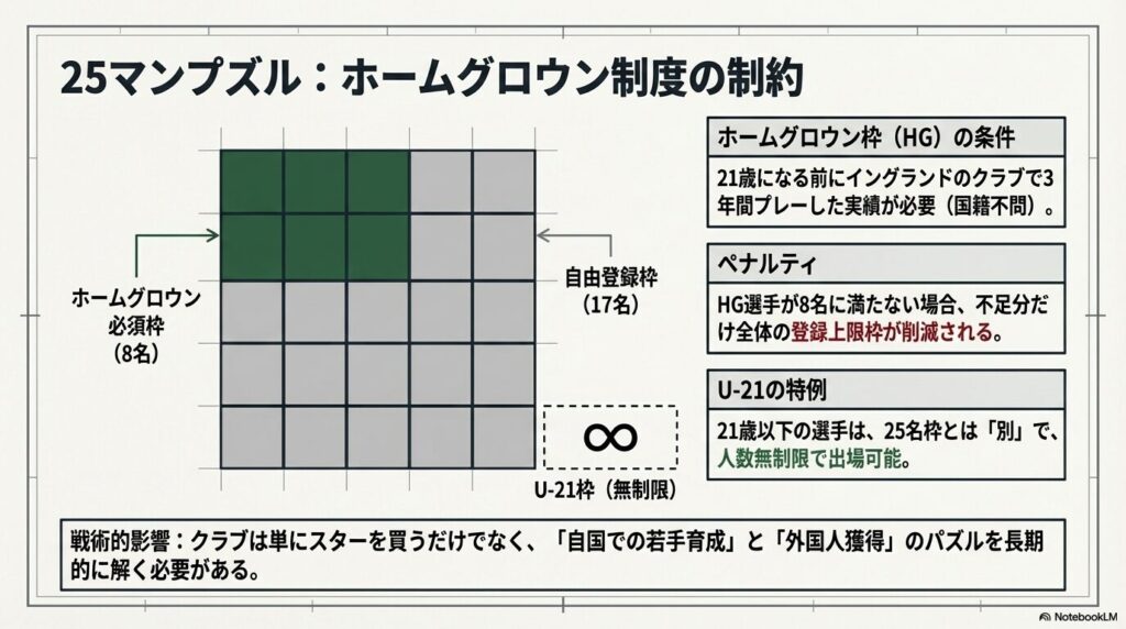 プレミアリーグの25名登録枠におけるホームグロウン選手8名の必須枠とU-21枠の仕組み