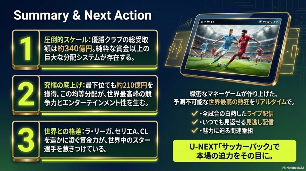 圧倒的スケールや究極の底上げといった記事のまとめと、U-NEXTのサッカーパックでプレミアリーグのライブ配信や見逃し配信を楽しめることを紹介するPR画像