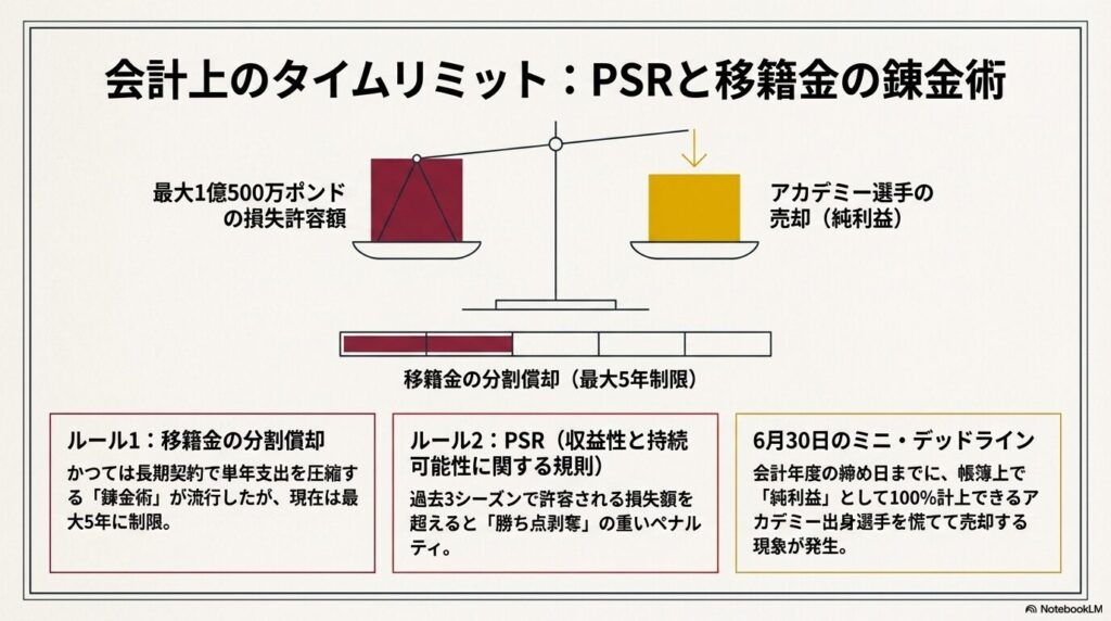 プレミアリーグのPSR(収益性と持続可能性に関する規則)と最大5年に制限された移籍金分割償却の天秤の図解