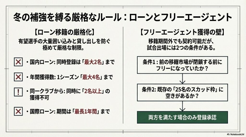 プレミアリーグにおける国内ローンの人数制限や期間、およびフリーエージェント獲得の条件