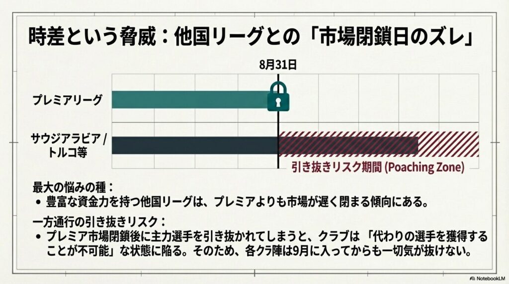 プレミアリーグの市場閉鎖後からサウジアラビアやトルコ市場が閉鎖するまでの引き抜きリスク期間を示す図
