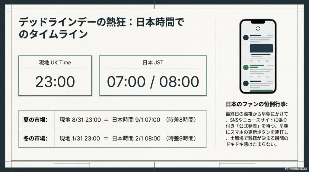 移籍市場最終日におけるイギリス現地時間と日本時間の時差、およびSNSでのニュース更新のタイムラインを示すスマホ画面