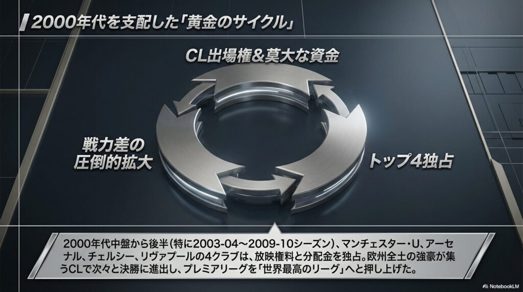 ンチェスター・U、アーセナル、チェルシー、リヴァプールが放映権料と分配金を独占し、チャンピオンズリーグへの出場によって他クラブとの戦力差を圧倒的に拡大させた2000年代の黄金のサイクル図