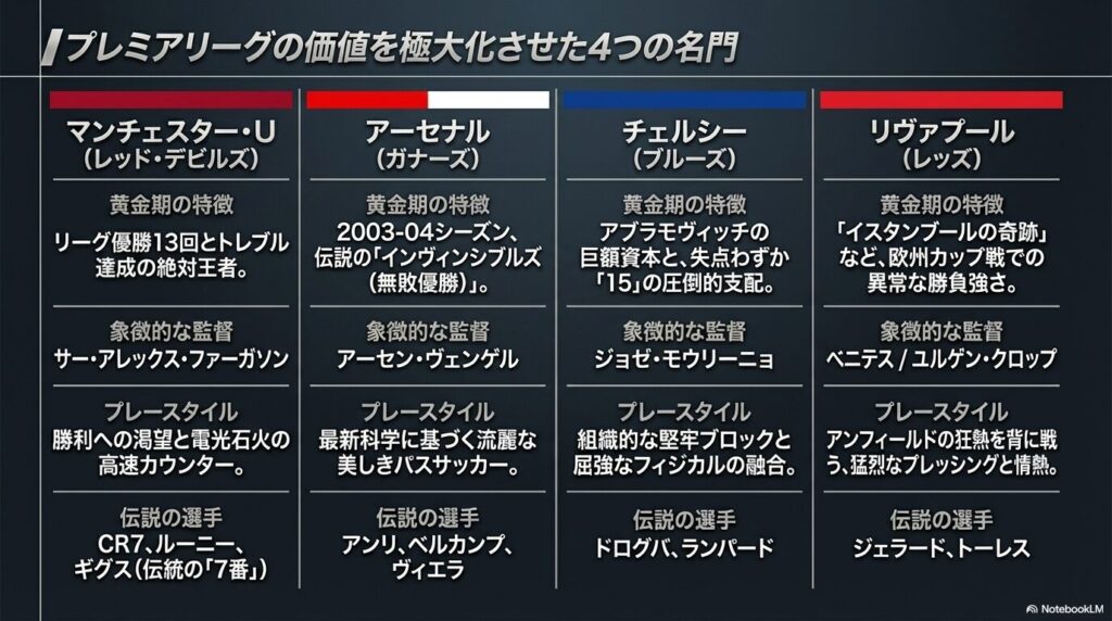 マンチェスター・ユナイテッド、アーセナル、チェルシー、リヴァプールの4クラブにおける黄金期の特徴、象徴的な監督、プレースタイル、伝説の選手をまとめた図
