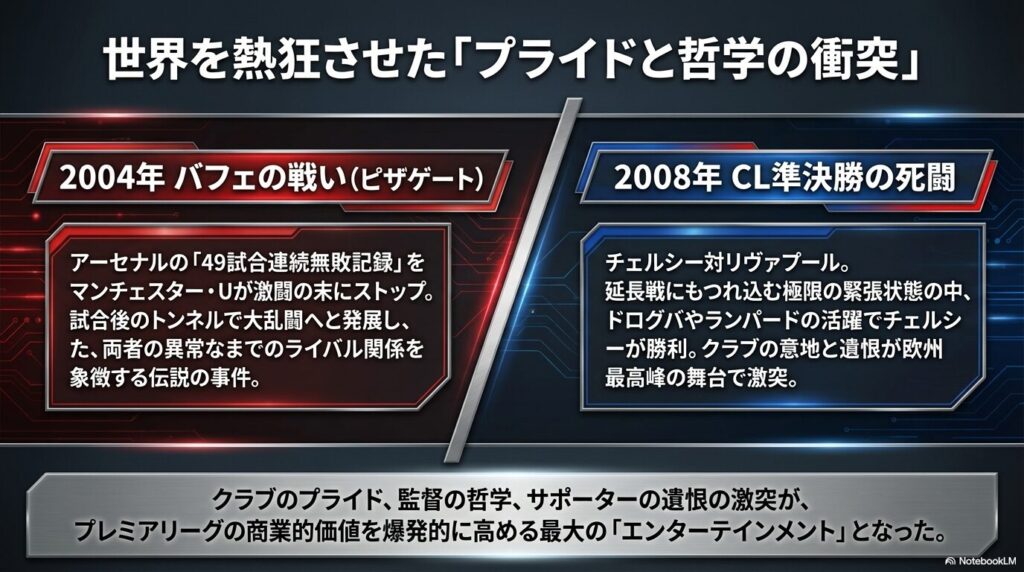 2004年のバフェの戦い（ピザゲート）の大乱闘と、2008年チャンピオンズリーグ準決勝チェルシー対リヴァプールの死闘をまとめた図