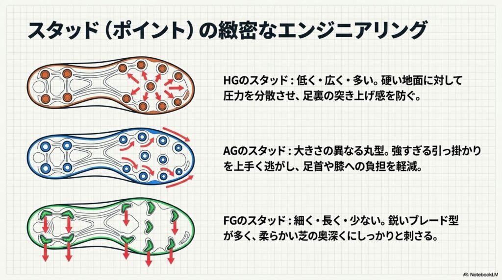 HGの低く広いスタッド、AGの丸型スタッド、FGの細く長いブレード型スタッドの形状の違いと役割を解説した図