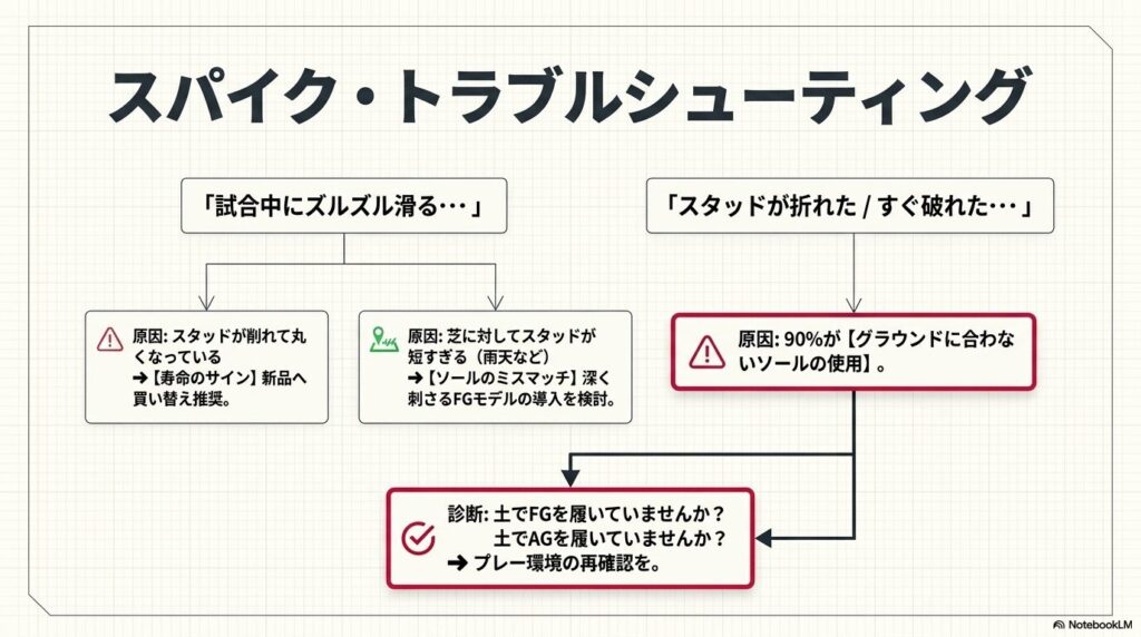 試合中に滑る原因や、スタッドが折れたり破れたりする原因と、その対策方法のまとめ