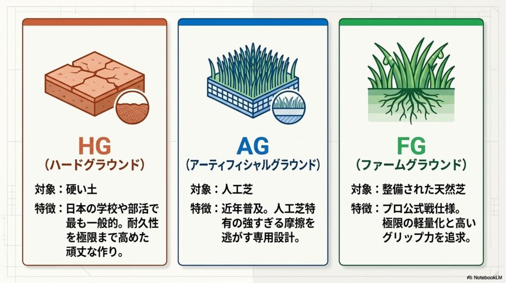 HG（ハードグラウンド）、AG（人工芝）、FG（天然芝）の各対象グラウンドと特徴をまとめた図