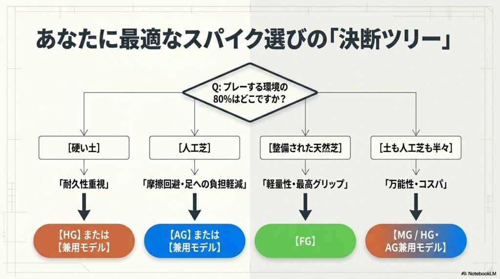 プレーする環境（土、人工芝、天然芝など）の割合から、自分に最適なスパイクのソールを導き出せるフローチャート