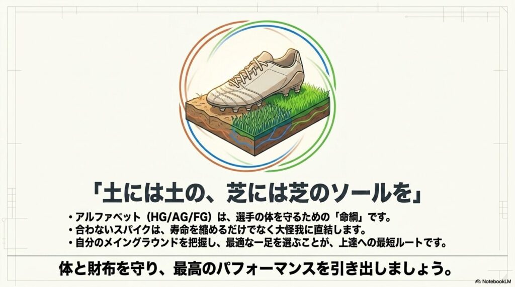 環境に合わせた最適なスパイク選びの重要性をまとめたイラストとメッセージ