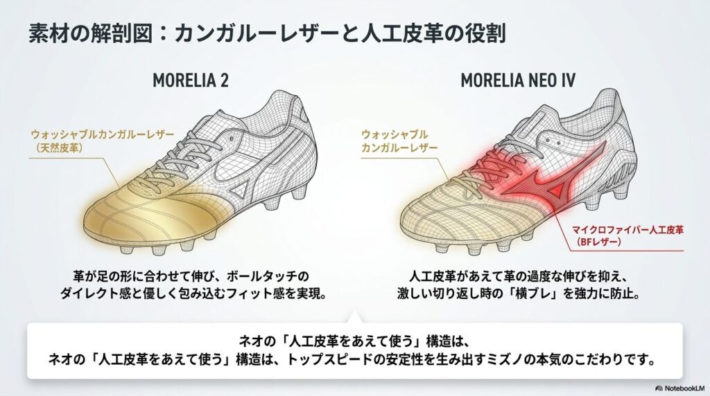 モレリア2とモレリアネオのアッパー素材（カンガルーレザーと人工皮革）の違いを図解