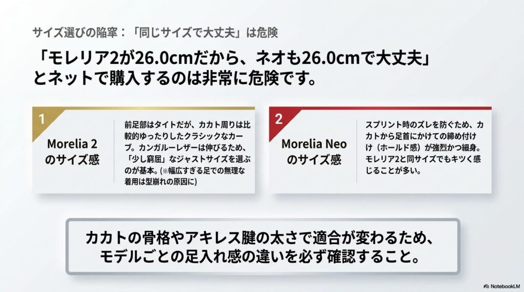 モレリア2とモレリアネオのサイズ感の違いと、同じサイズを選ぶ危険性