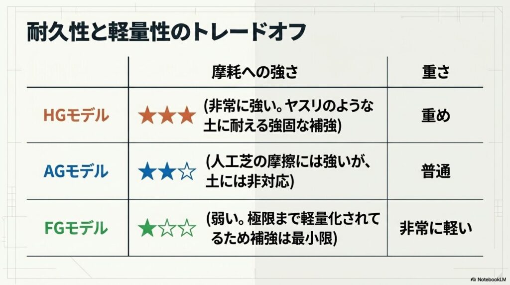 HGモデル、AGモデル、FGモデルの摩耗への強さと重さを比較した表