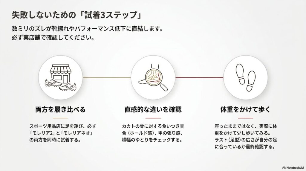 両方を履き比べる、直感的な違いを確認、体重をかけて歩くという試着手順