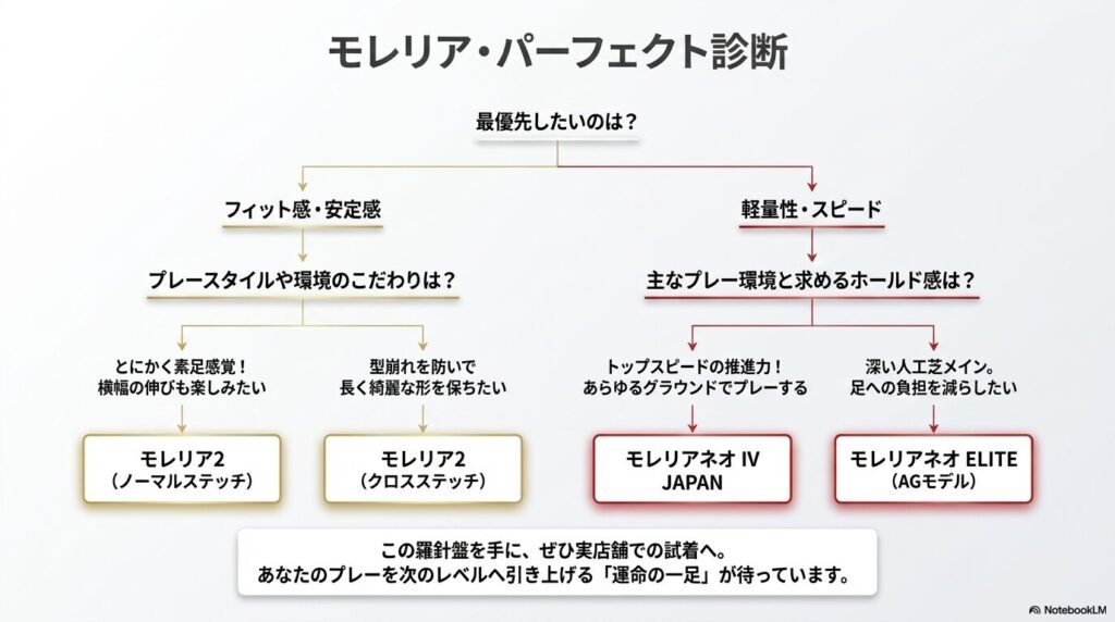フィット感・安定感か軽量性・スピードかを選ぶモレリアのフローチャート診断
