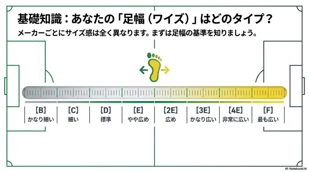 スパイク選びの基準となるBからFまでの足幅（ワイズ）の分類表
