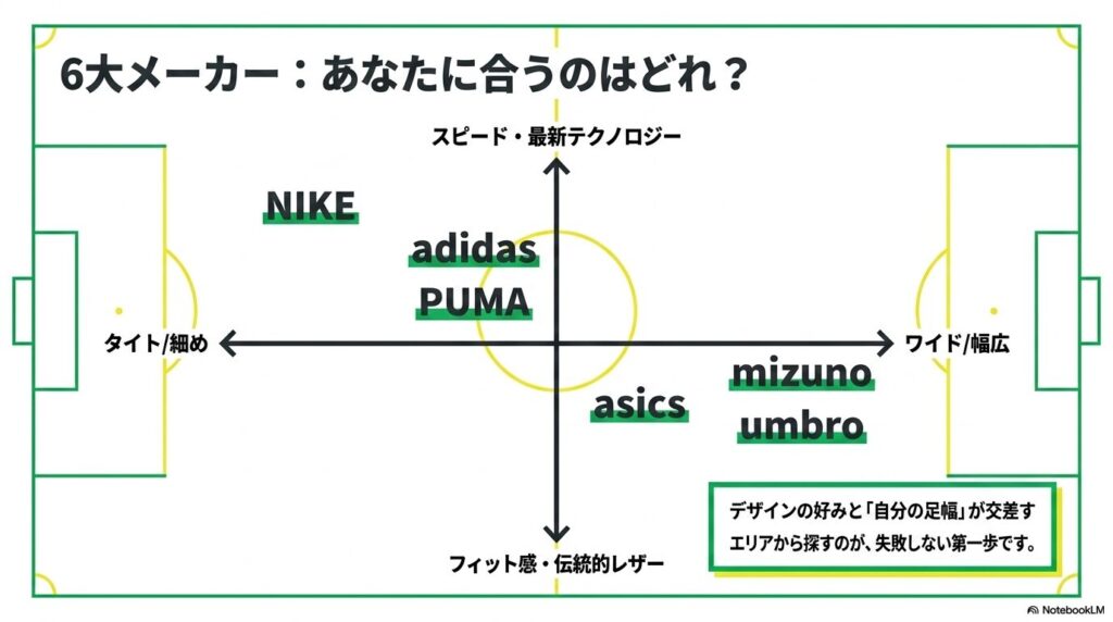 ナイキ、アディダスなど6大メーカーの足幅とフィット感を示すマトリックス図