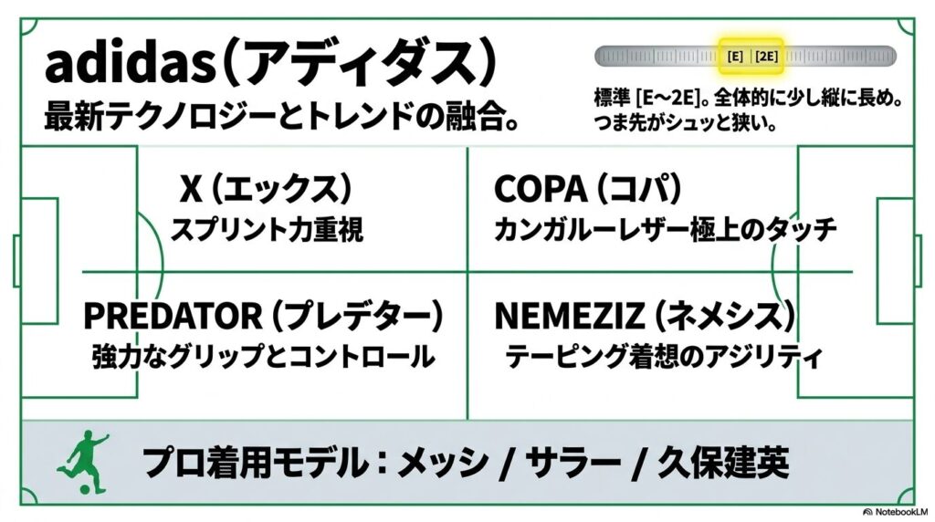 アディダスのサッカースパイクの特徴と足幅サイズ感（E〜2E）