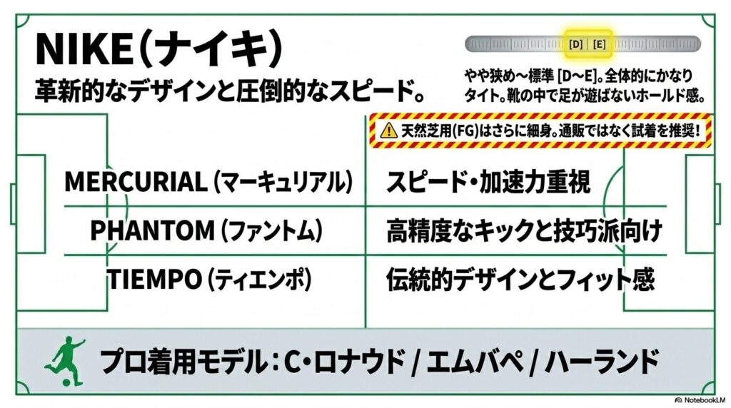 ナイキのサッカースパイクの特徴とタイトな足幅サイズ感（D〜E）