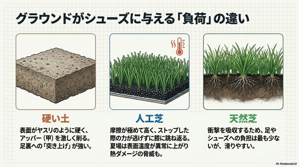 硬い土、人工芝、天然芝のそれぞれの表面の特徴と、シューズや足に与える負荷の違いを解説した図