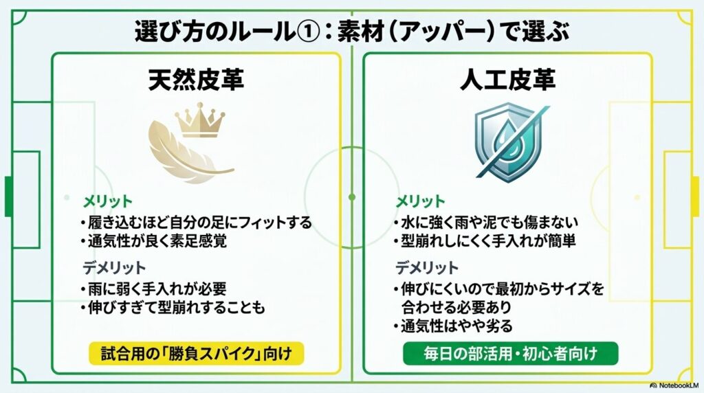 サッカースパイクの天然皮革と人工皮革の素材ごとの特徴比較