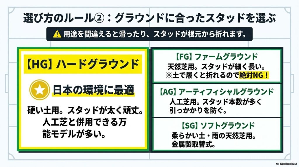 土や芝などグラウンド環境に合わせたスタッド（ポイント）の種類と選び方