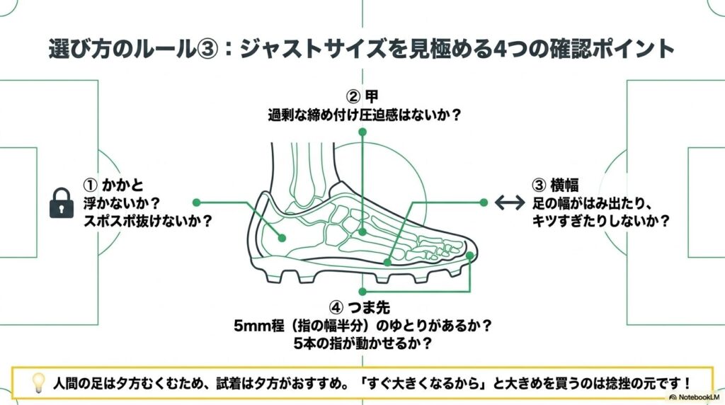 かかと、甲、横幅、つま先の4箇所でスパイクのフィット感を確認する方法