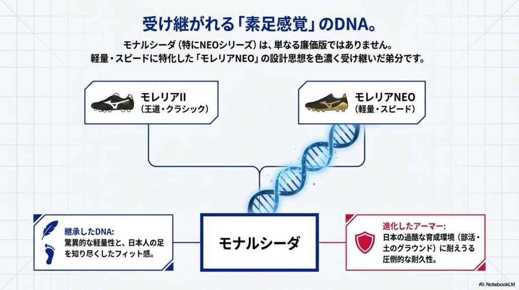 モレリアNEOの軽量・スピードの設計思想を受け継ぎつつ耐久性を高めたモナルシーダのコンセプト図