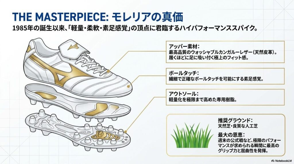 最高品質のカンガルーレザーを採用し、天然芝や良質な人工芝で真価を発揮するモレリアの特徴