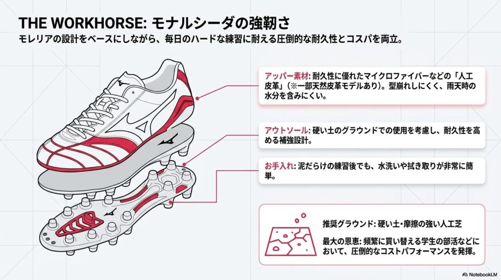 耐久性に優れた人工皮革と補強されたアウトソールでハードな練習に耐えるモナルシーダの特徴