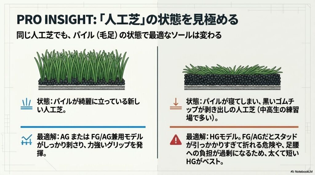 パイルが綺麗に立っている新しい人工芝と、パイルが寝ている人工芝の状態に合わせた最適なソールの選び方