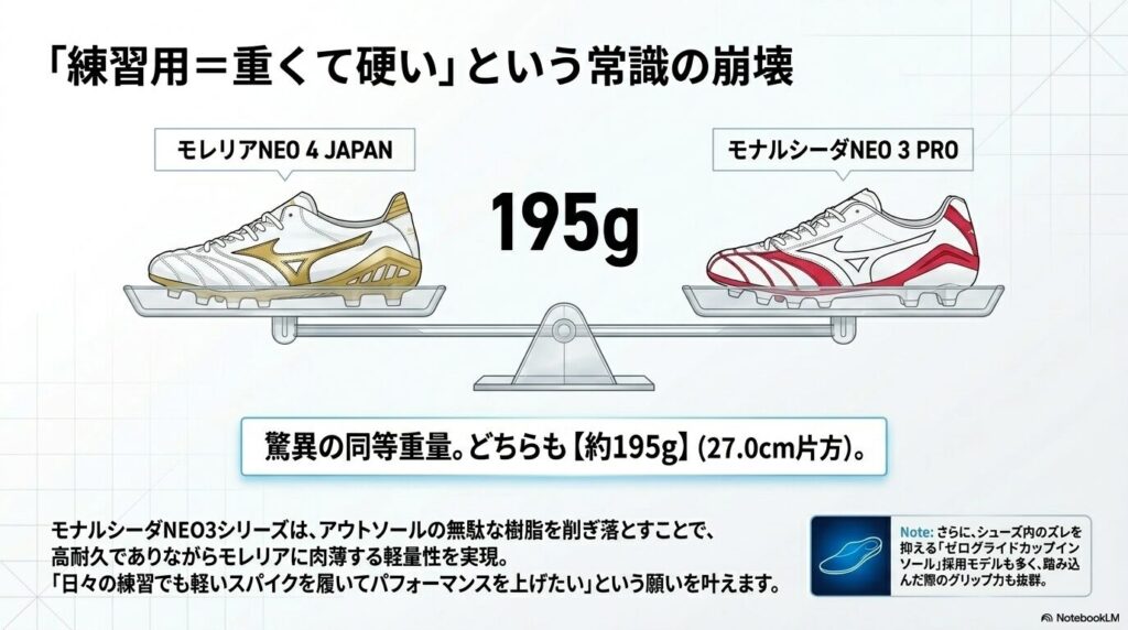 モレリアNEO4 JAPANとモナルシーダNEO3 PROが共に約195gであることを示す天秤の図