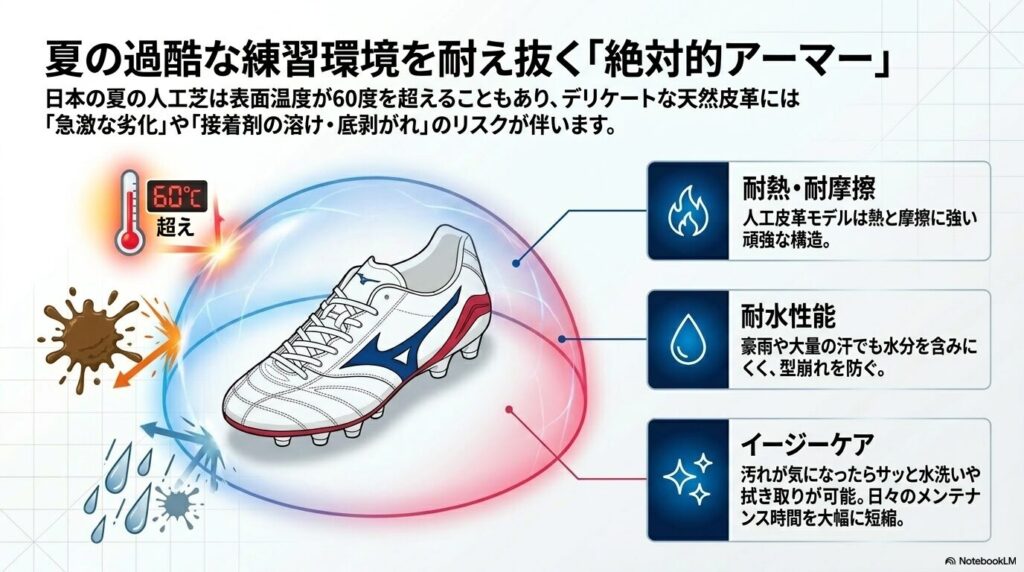 60度を超える人工芝の熱や摩擦、豪雨による水分に強いモナルシーダの耐久性と手入れのしやすさ