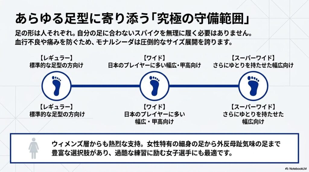 レギュラー、ワイド、スーパーワイドといったあらゆる足型やウィメンズ層にも対応するモナルシーダのサイズ展開