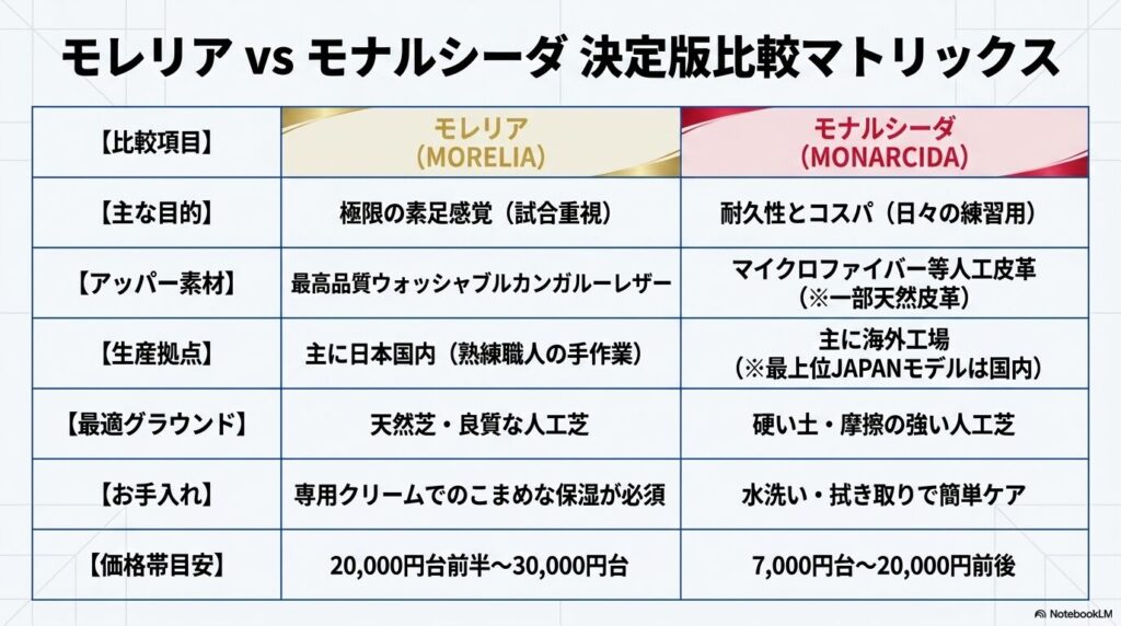 モレリアとモナルシーダの目的、素材、生産拠点、最適グラウンド、価格帯などをまとめた比較表